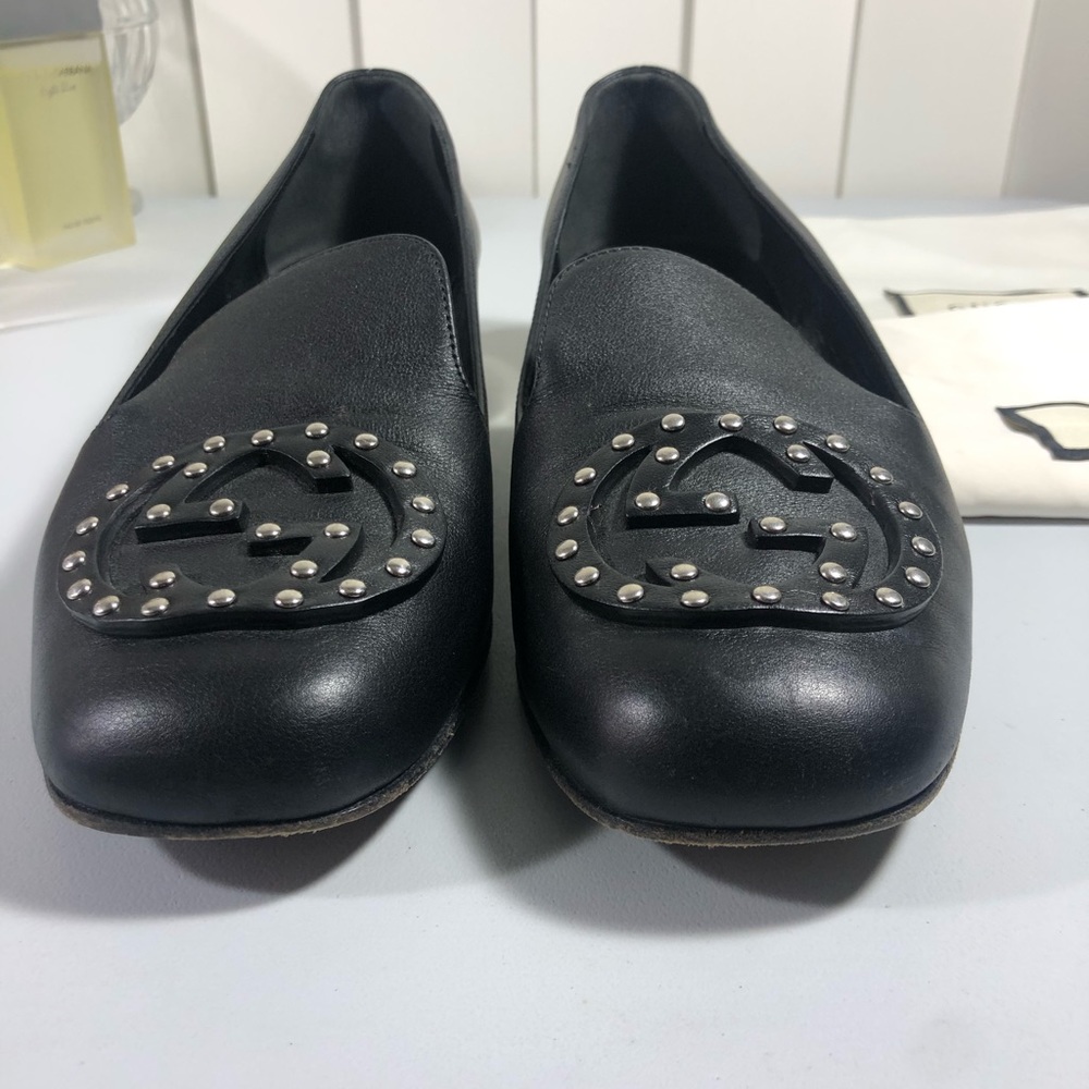 Gucci Loafers Silver Stud Logo Heel Classic Edgy Size 37 - Picture 3 of 9